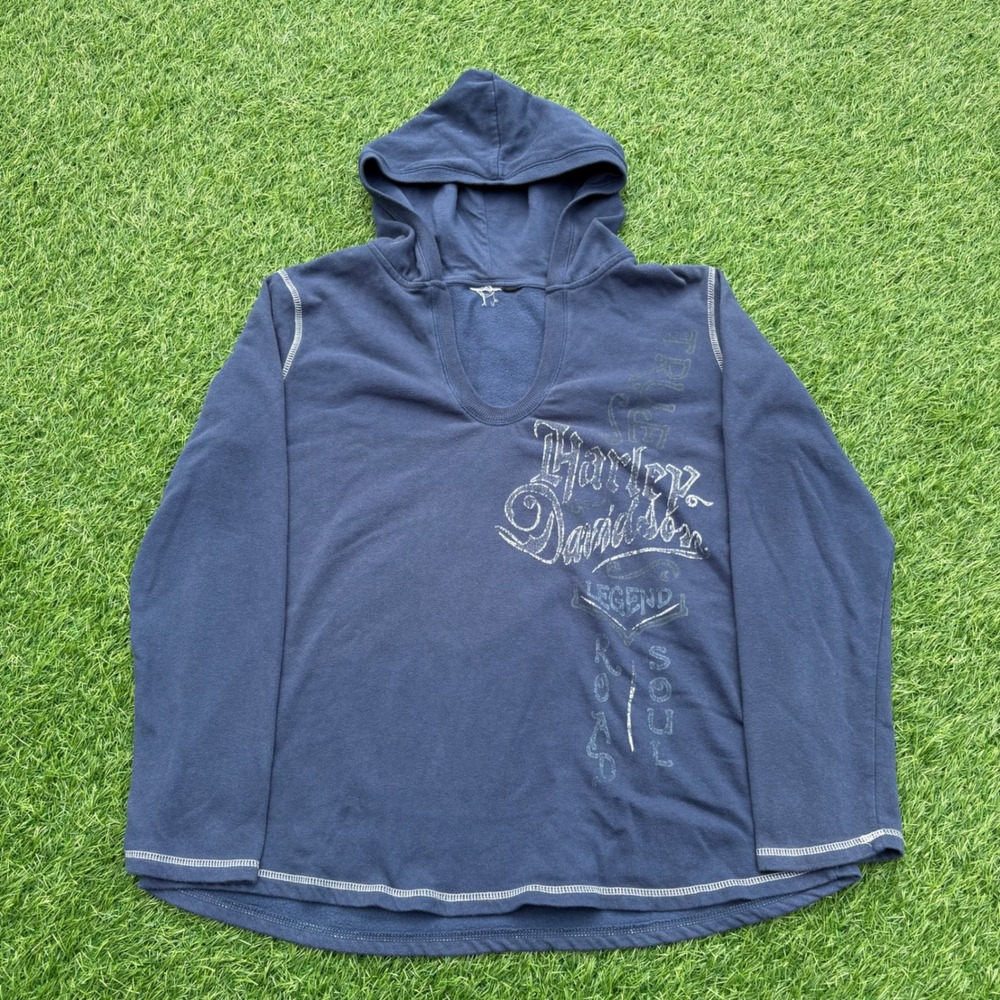 Harley Davidson Hoodie Womens XL Navy Blue Good Graphic Contrast Stitch Pullover
